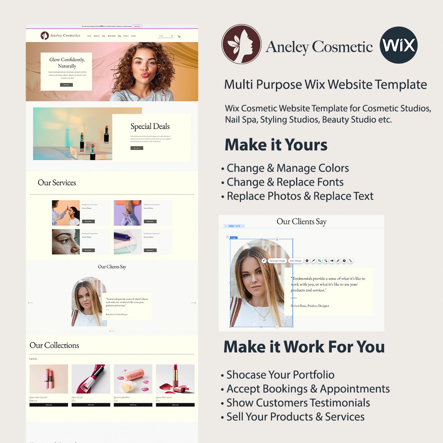 Wix Cosmetic Website Template for Cosmetic Studios, Makeup Artists, Cosmetics E-commerce Wix website, Make Up Website, Wix Studio Website